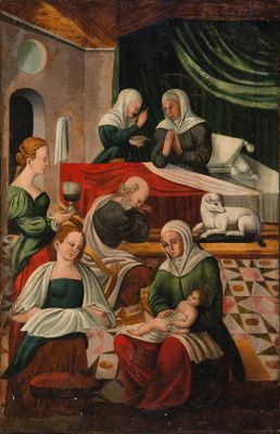 une image d'un tableau représentant un groupe de personnes dans une pièce