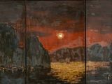 une image d'un tableau représentant un coucher de soleil sur une étendue d'eau