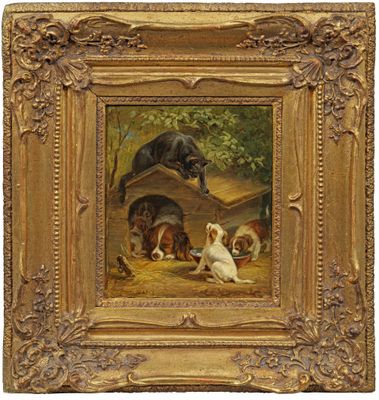 un tableau représentant des chiens et des chats dans un décor boisé