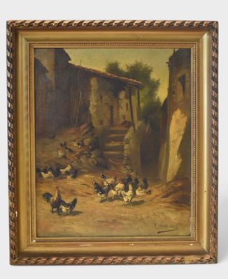 an oil painting of chickens and chickens in a rural village