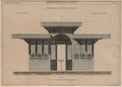 an old drawing of a building with a porch and a door