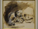 un tableau représentant un chien assis par terre