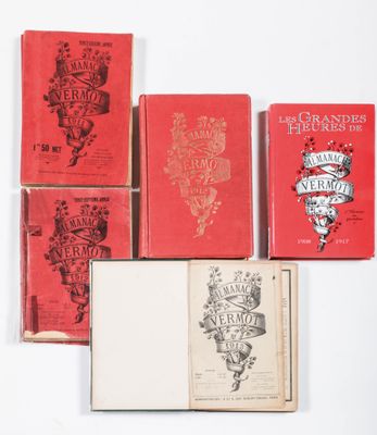 six red books sitting on top of each other on a white surface