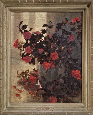 painting of flowers in a vase on a table with a wall in the background