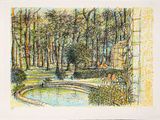 dessin représentant un parc avec un étang et un pont au milieu
