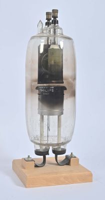 un tube en verre reposant sur un socle en bois, sur fond blanc