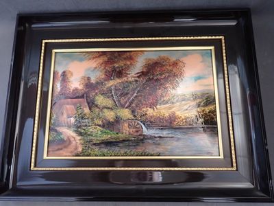 framed painting of a river scene with a waterfall and a bridge