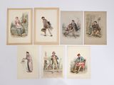 six images de couleurs différentes représentant des personnes assises sur un banc dans une pièce