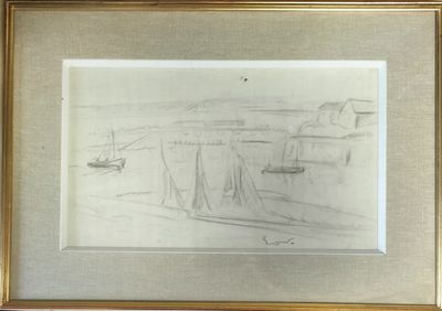 dessin représentant un bateau sur un plan d'eau, près d'un mur