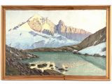 painting of a mountain scene with a lake in the foreground and a snowy mountain range in the background