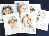 six watercolor portraits of a young girl with braids and braids