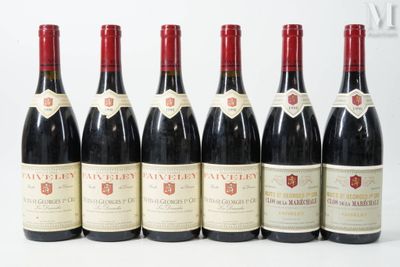 six bottles of red wine lined up in a row on a white surface