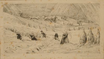 dessin représentant un groupe de personnes travaillant dans un champ près d'un village