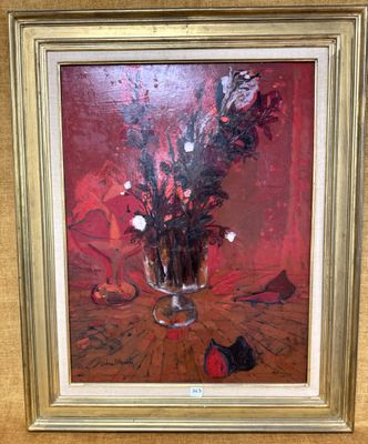 une peinture de fleurs dans un vase en verre sur une table