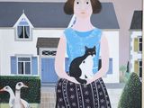 a painting of a woman holding a cat in front of a house