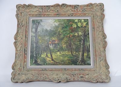an old picture of a painting of a cabin in the woods
