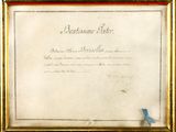 framed photograph of a document with a blue ribbon on it