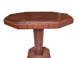 a wooden table with a wooden top and a wooden base