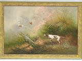 un tableau représentant un chien et un oiseau dans un champ