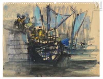 une peinture représentant un bateau dans l'eau avec des personnes à bord