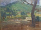 an image of a painting of a mountain with trees in the foreground