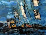 peinture abstraite représentant des voiliers dans un port, avec un ciel bleu et des nuages