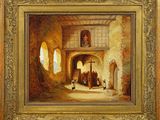 un tableau représentant un vieux bâtiment dans lequel des gens se promènent