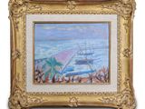 une peinture à l'huile représentant un voilier sur une plage, avec des palmiers au premier plan