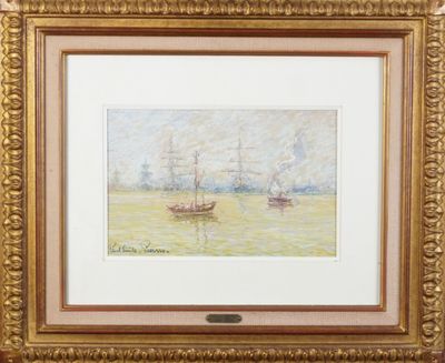 un tableau représentant deux bateaux sur un plan d'eau, avec des bâtiments en arrière-plan