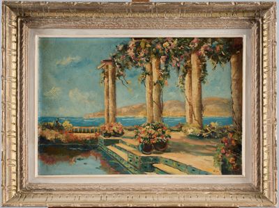 une peinture à l'huile représentant un jardin avec des colonnes et des fleurs au bord de l'eau