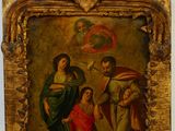 un vieux tableau représentant un homme, une femme et un enfant, dans un cadre doré
