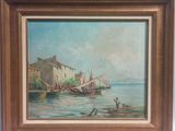 an oil painting of a fishing scene with a boat in the water