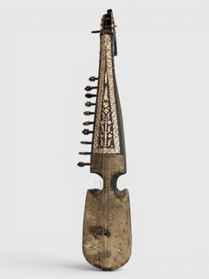 an old wooden instrument with a long neck and a wooden handle