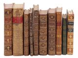 plusieurs vieux livres sont alignés sur une surface blanche