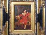 tableau représentant une femme en robe rouge assise sur une chaise