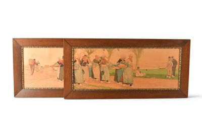 two framed pictures of people playing golf in a park