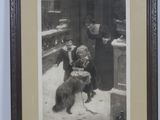 an old photo of a woman and a dog in the snow