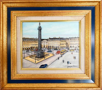 tableau représentant une place de ville avec une tour horloge en son centre