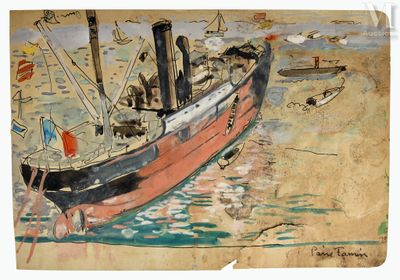 une peinture d'un bateau dans l'eau sur la plage