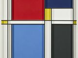une peinture abstraite composée de carrés et de rectangles rouges, bleus, jaunes et noirs