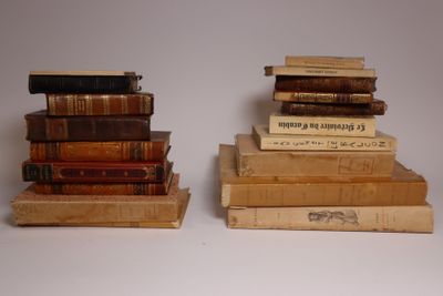 livres empilés sur une surface blanche