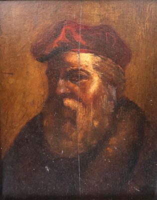 un vieux tableau représentant un homme avec un chapeau rouge et une barbe