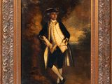an old painting of a man in a black coat and white hat