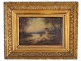 un tableau représentant une femme assise par terre à côté d'un chien