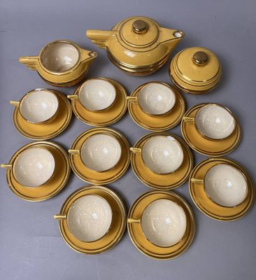 Service à thé en porcelaine émaillée jaune citron et liseré …