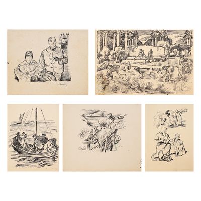 six dessins représentant des personnes sur une plage et un bateau