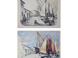 trois dessins représentant des bateaux dans un port, avec des bâtiments en arrière-plan