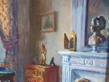 a painting of a living room with a fireplace and a mirror