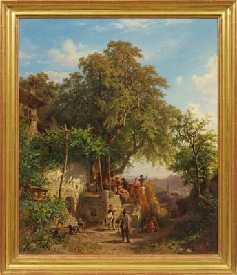 an oil painting of a village scene with a horse drawn carriage