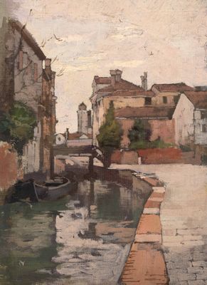 a painting of a canal with boats on it